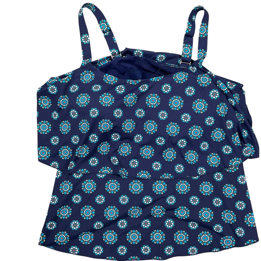 Lands End Tankini Top Women 1X 16W-18W Blue Floral Medallion‎ Lagenlook